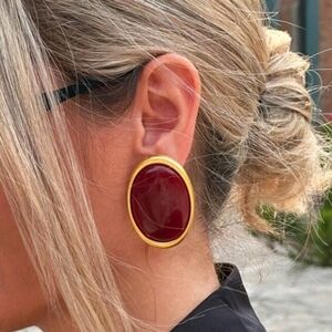 NEW! Retro Gold-Trim Red Oval Statement Post Earrings